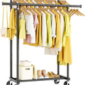 Double Rods Clothes Rack, Rolling Clothing Rack for Hanging Clothes Portable Wardrobe Rack, Metal Garment Rack Sturdy Coat Rack for Bedroom Laundry Living Room, Black