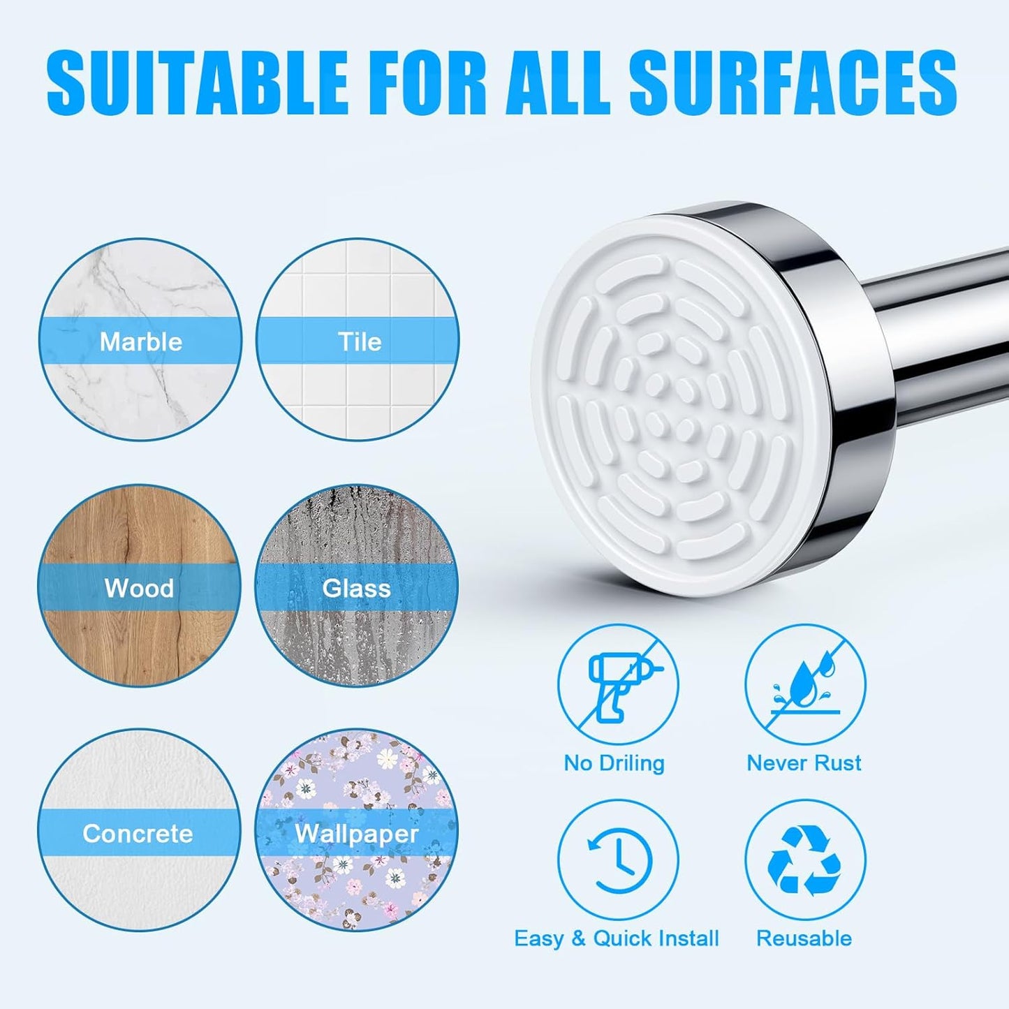 TEECK Shower Curtain Rod, 32-80 inch Adjustable Spring Tension Curtain Rod, Never Rust Anti-Slip Shower Curtain Rod for Bathroom, No Drilling, Never Collapse, Easy to Use, Silver