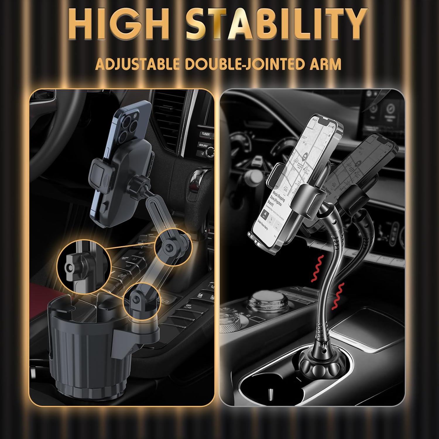 Phone Holders for Your Car, 2 in 1 Universal Cup Holder Expander Adjustable Base with Phone Mount, Long Arm with 360°Rotation Cup Holder Phones Mount for Car Compatible with All Smartphones