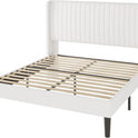 Allewie Full Size Velvet Bed Frame/Vertical Channel Tufted Wingback Headboard/Upholstered Platform Bed/Strong Wooden Slats/No Box Spring Needed/Easy Assembly/White