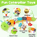 Baby Sensory Toy 0-6 Month Music Animal Stuffed Plush Caterpillar Toy for Infant 0-3-6-12 Month Old Tummy Time with Baby Mirror Crinkle Rattle Carseat Toys for Newborn Boys Girl Shower Gifts