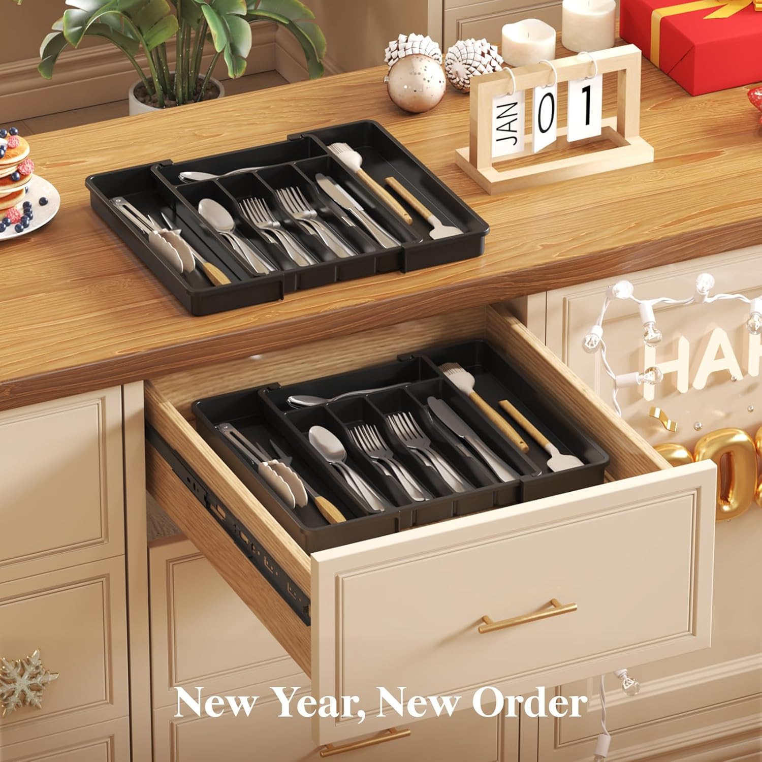 Lifewit Silverware Drawer Organizer, Expandable Utensil Tray for Kitchen, BPA Free Flatware and Cutlery Holder, Adjustable Plastic Storage for Spoons Forks Knives, 8.5"-14.1" x 12.1", Black