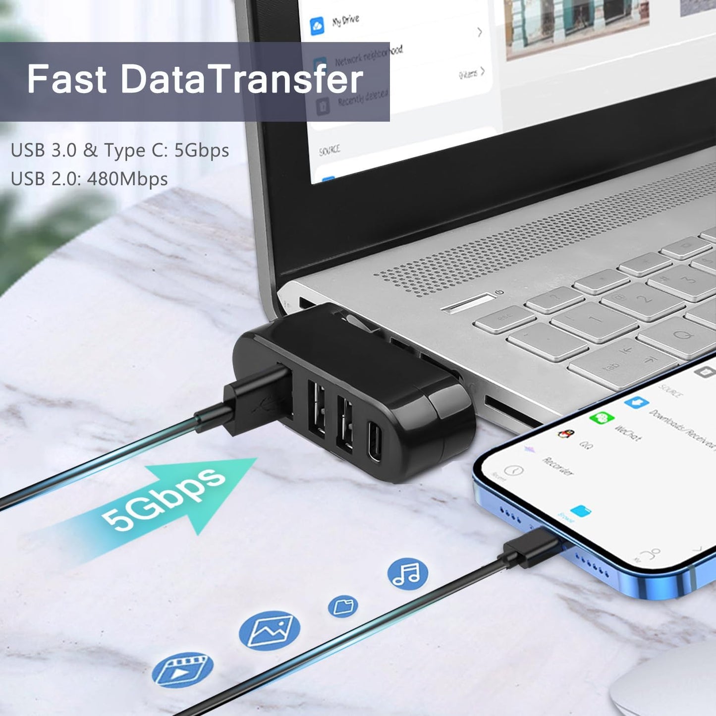 VIENON 4-Port USB 3.0 Hub [90°/180° Degree Rotatable], USB Splitter with PD-in 5W USB C Port, USB Extender for Laptop, Car, iMac, MacBook Air, MacBook Pro, and More