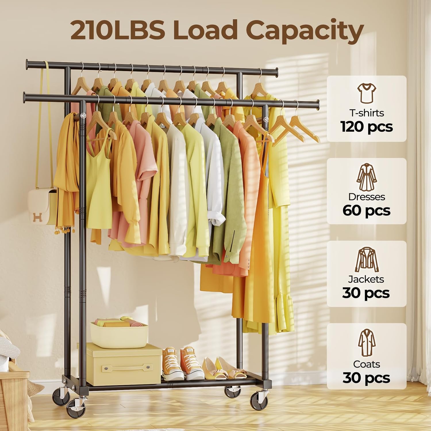 Double Rods Clothes Rack, Rolling Clothing Rack for Hanging Clothes Portable Wardrobe Rack, Metal Garment Rack Sturdy Coat Rack for Bedroom Laundry Living Room, Black