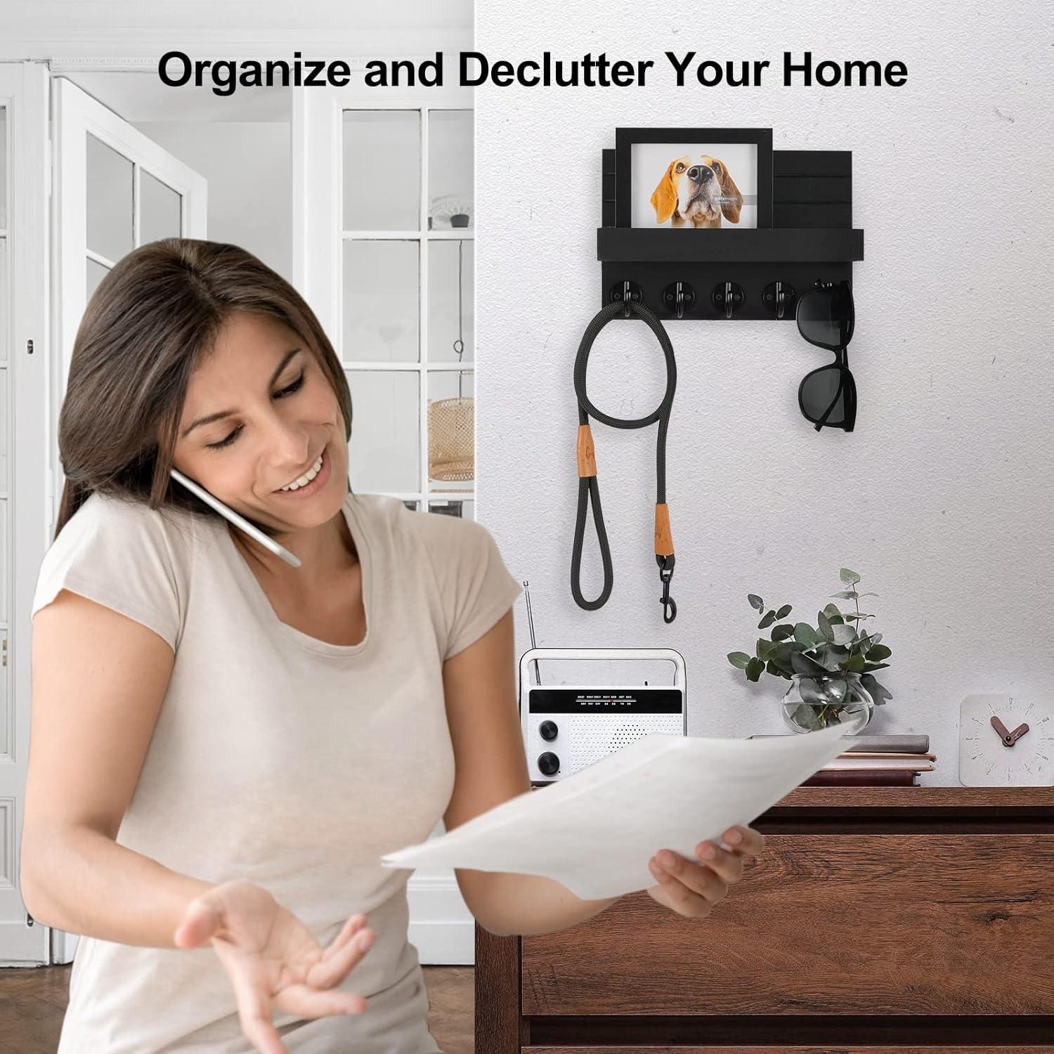 Wall Key Holder with Shelf, Hooks for Bags & Coats, Paulownia Wood, 9.8 x 6.7 x 4.2