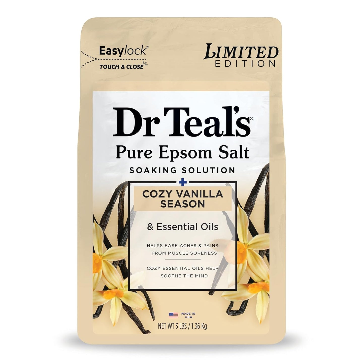 Dr Teal's Epsom Salt Magnesium Soak, Limited Edition Cozy Vanilla Season, 3lbs