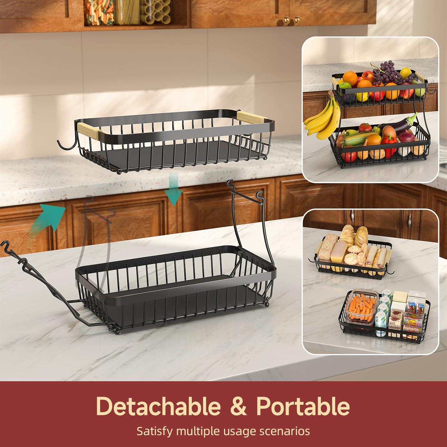 2 Tier Large Fruit Basket for Kitchen Counter with 2 Mobile Banana Hangers, 2025 Pro Detachable Metal Fruit Bowl with Wooden Handle (Black, 2 Tier)