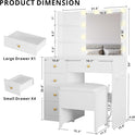 IRONCK Vanity Desk with Mirror and Lights, Small Makeup Vanity Table with 5 Drawers, Power Outlet, and Vanity Stool, 3 Lighting Colors, Dressing Table for Women Girls Bedroom, White