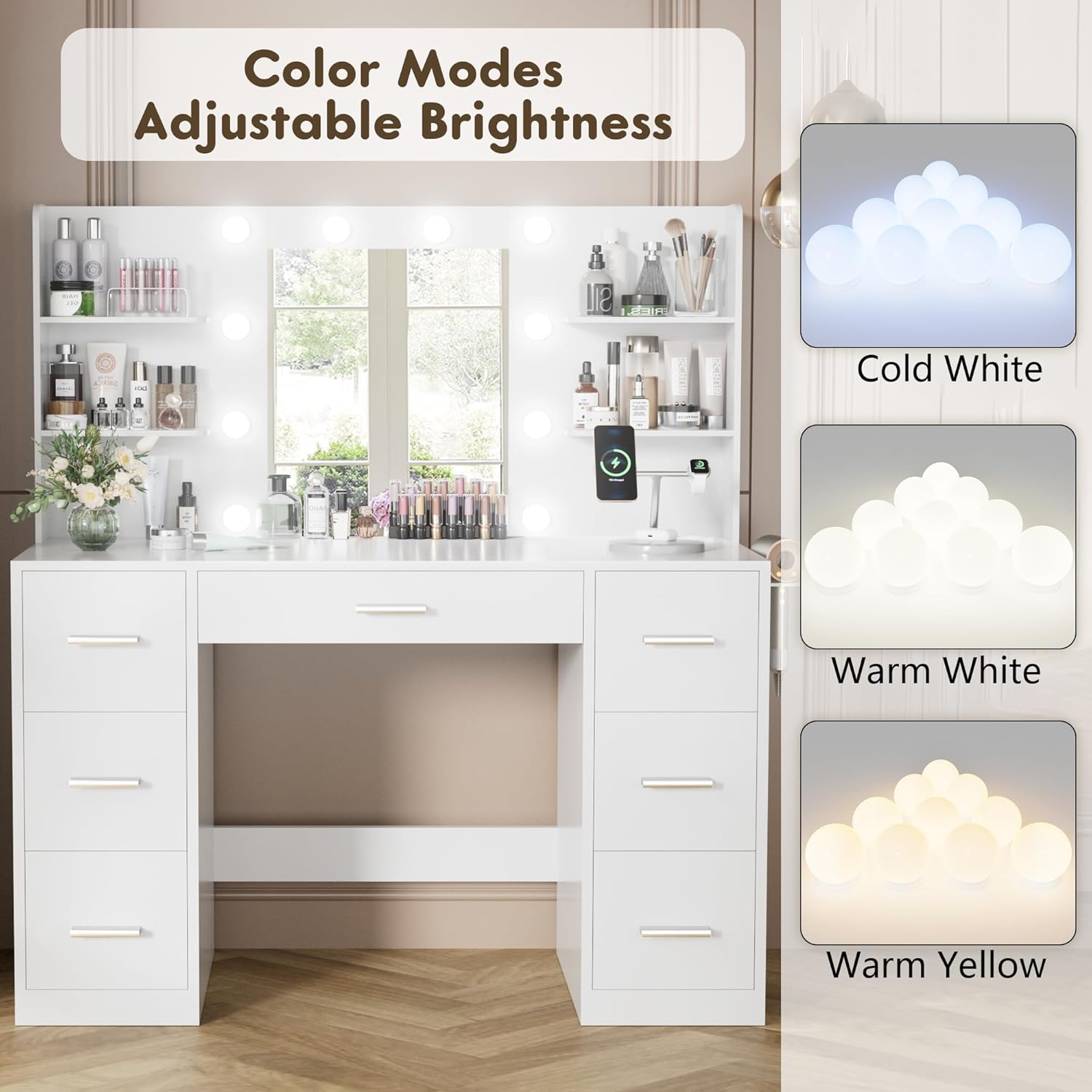 YESHOMY Vanity Desk with Mirror, Power Outlet and 10 Lights, Makeup Table with 7 Drawers, 3 Color Modes Available for Bedroom, White