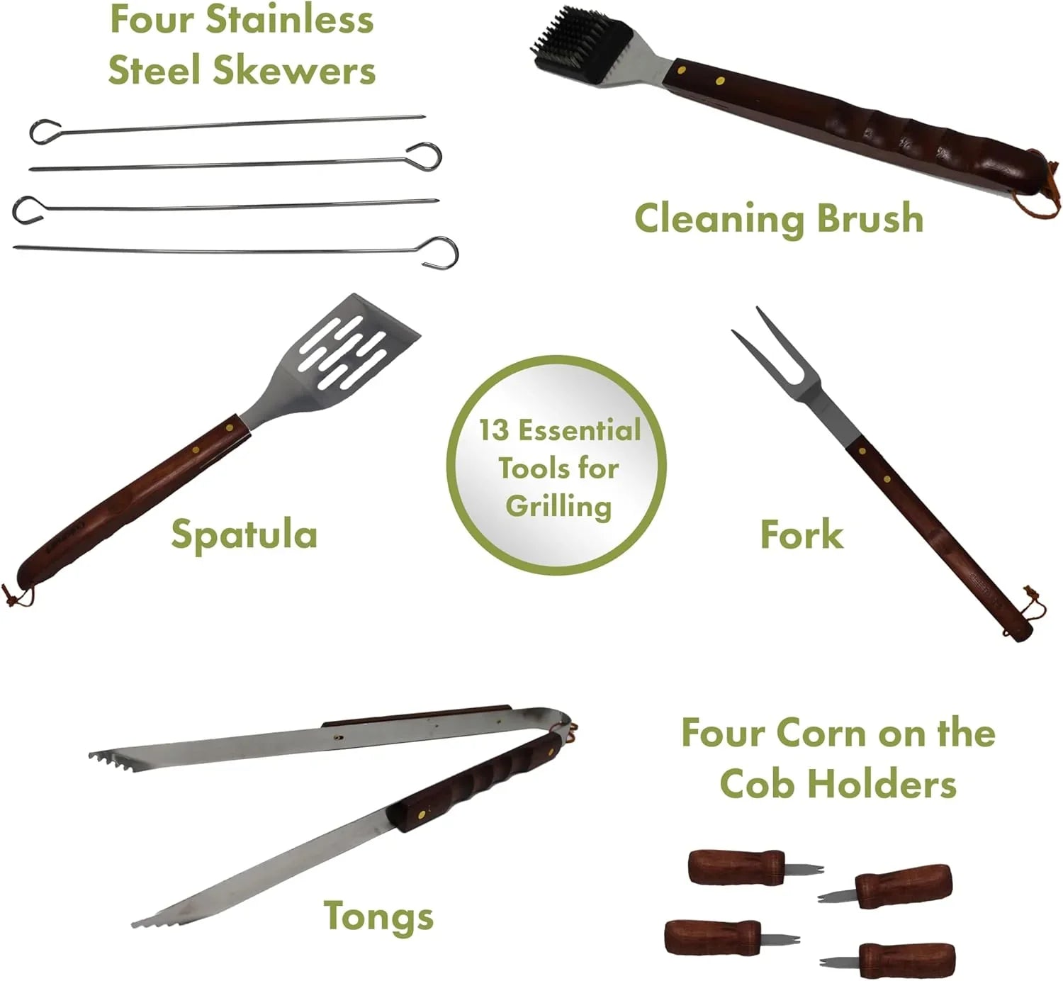 Cuisinart 13-Piece Wooden Handle Grill Tools Set, Grill Utensils Set BBQ Accessories, Durable Stainless Steel Spatula, Tongs, Cleaning Brush & More, Compact Case, Grilling Gifts for Men, CGS-W13