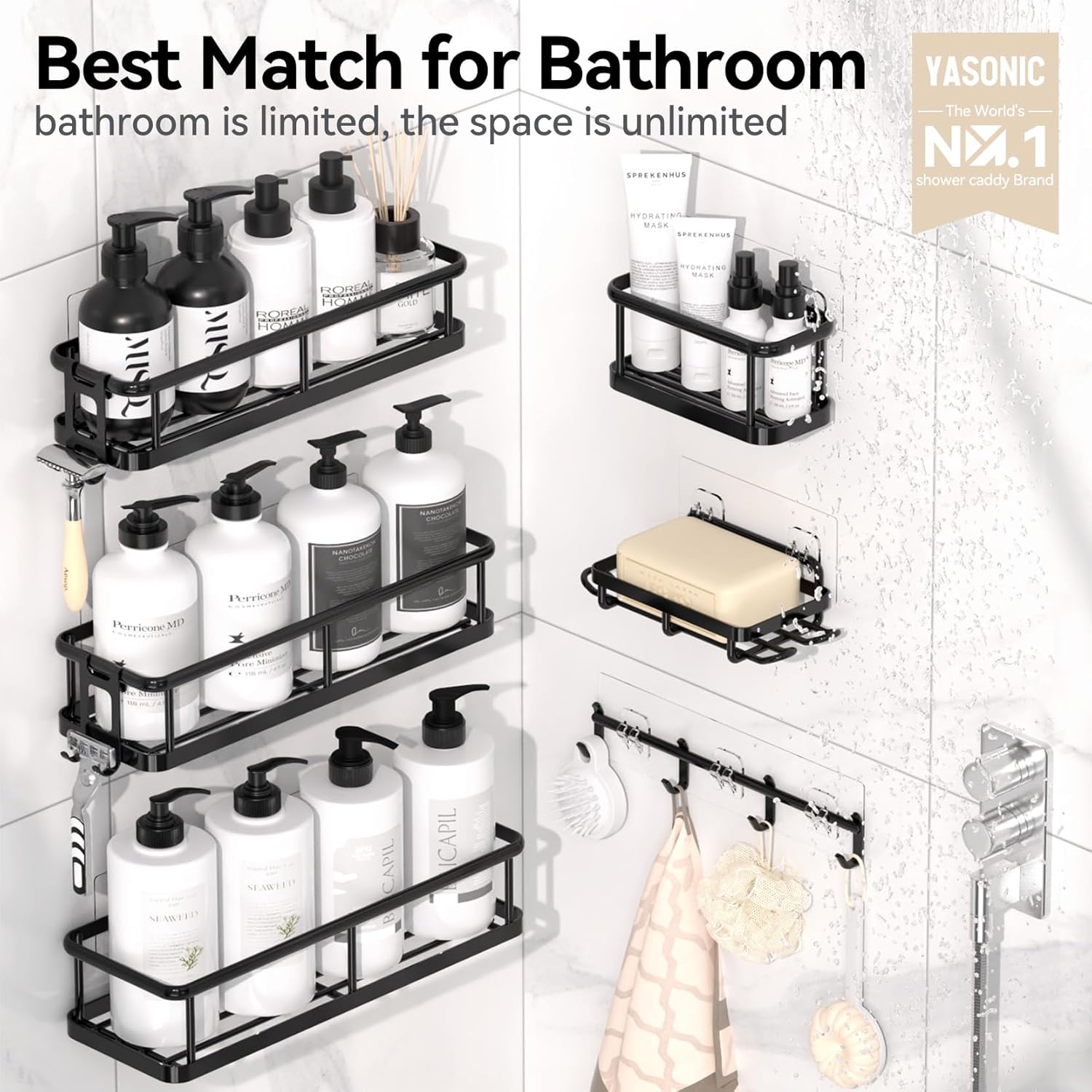 YASONIC Shower Caddy, 100% Rustproof Shower Organizer with Soap Holder, 6 Pack Large Capacity Shower Shelves for Inside Shower, No Drilling Bathroom Organizers and Storage for Kitchen & Home Decor