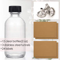 12 Pack, 2 oz Small Clear Glass Bottles w/Lid & 3 Funnels - 60ml Boston Shot Bottles for Health, Immunity, Potion, Wellness, Sample, Ginger, Juice - Mini Personal Care & Beauty Travel Bottle