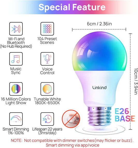 Linkind Smart Light Bulbs, Smart Bulb That Work with Alexa & Google Home, LED Light Bulbs Color Changing, 104 Preset Scene, Music Sync, A19 E26 2.4GHz RGBTW WiFi Bluetooth Light Bulb 60W, 800LM, 4Pack
