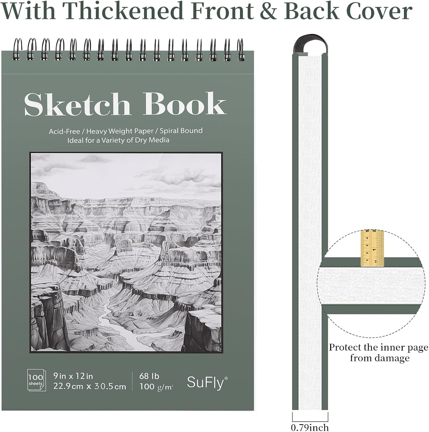 SuFly Sketch Book 9x12, Drawing Paper Pad-68lb/100gsm, Top Spiral Sketchbook Hardcover, 100 Sheets Sketch Pad for Kids Classroom Art Supplies for Adults-Sketchpad for Drawing, Illustration & Art Stuff