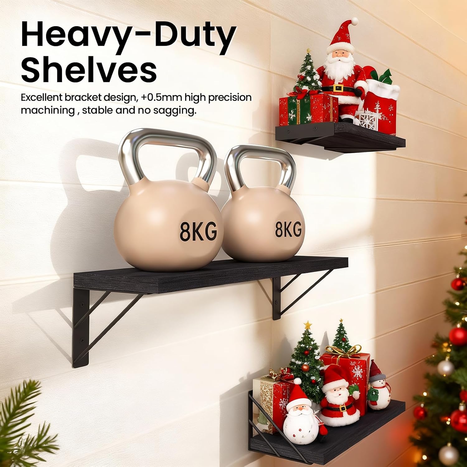 BAYKA Wall Mounted Floating Shelves, Wood Floating Wall Shelf for Books & Decor, Small Space-Saving Display & Organizer（Black，Set of 4）