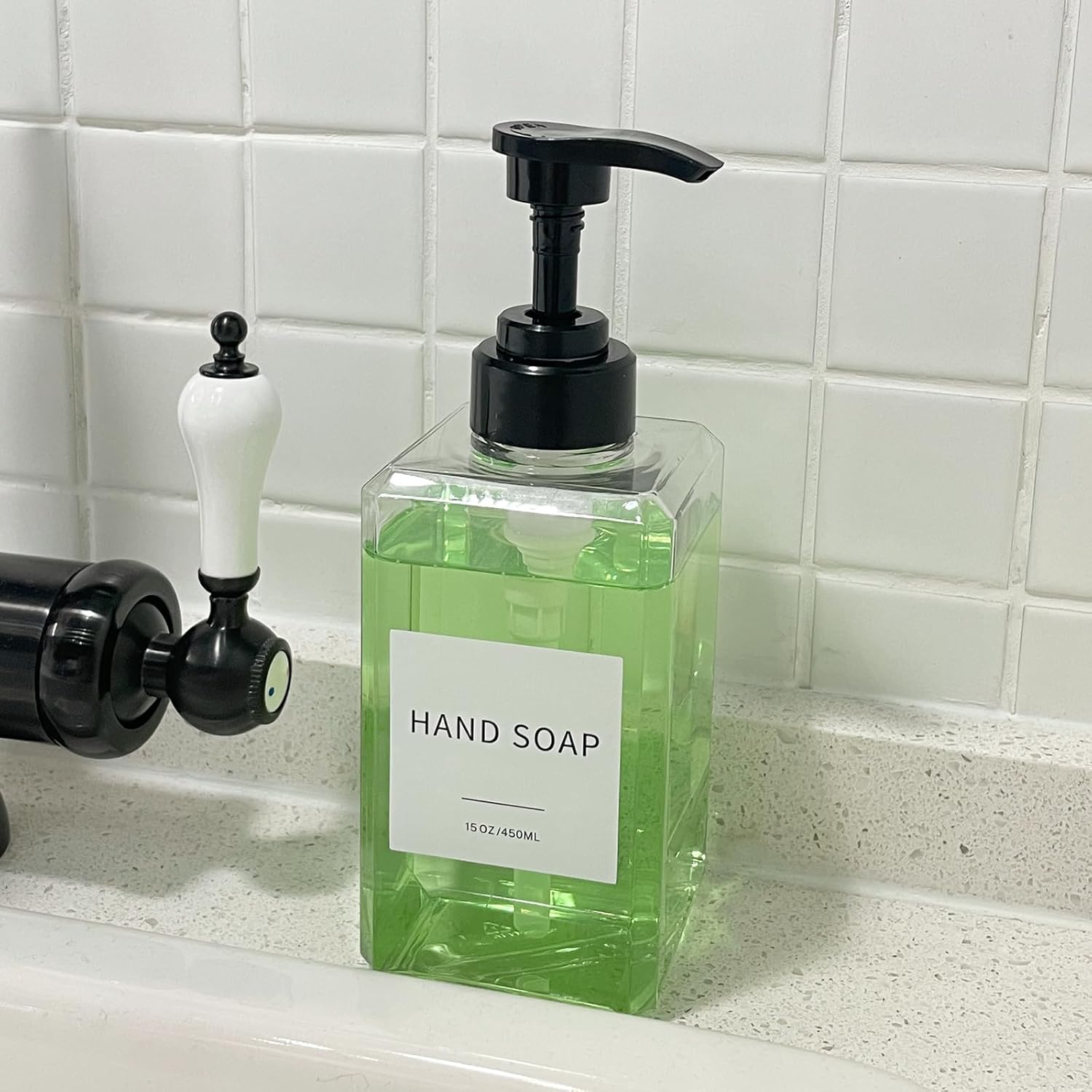 Clear Soap Dispenser with Waterproof Labels, Thickened Plastic Hand Soap Dispenser for Bathroom, Kitchen Dish Washing Liquid Bottles, Shampoo and Conditioner Bottles with Funnel (15oz 2Pack Clear)