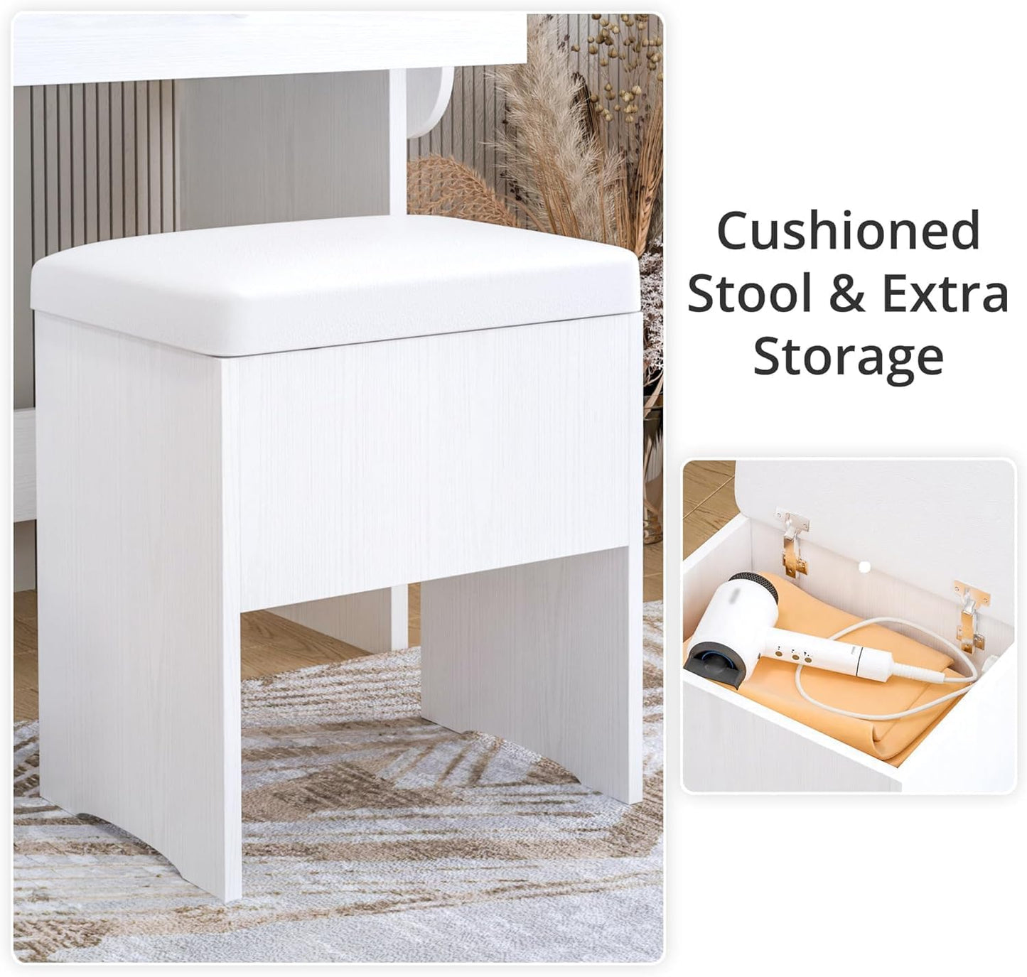 IRONCK Vanity Desk with LED Lighted Mirror & Power Outlet, Makeup Table with Drawers & Cabinet,Storage Stool, White