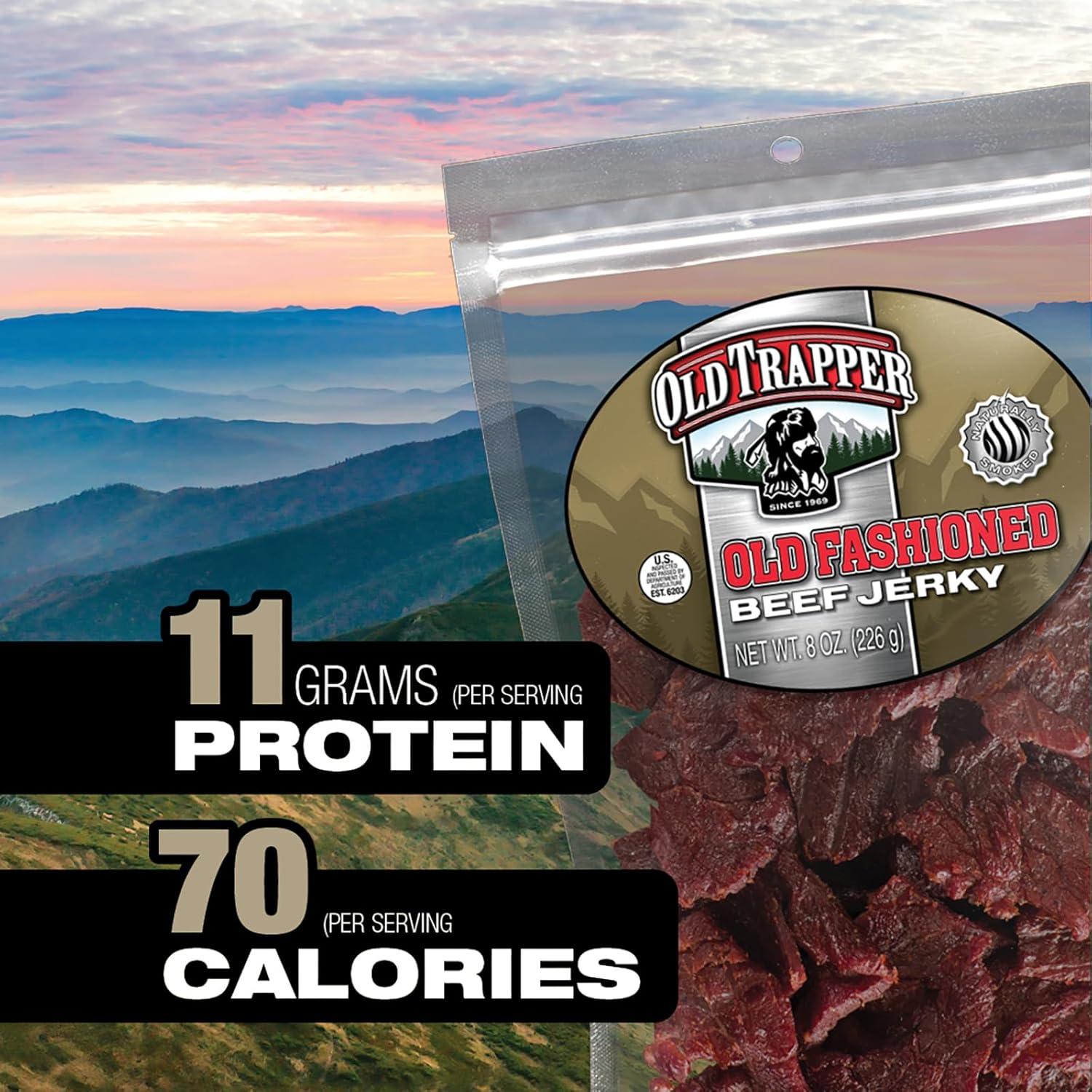 Old Trapper Beef Jerky, Old-Fashioned 8 Ounce Bag, Tender Meat Snacks for Lunches or Between Meals, 11 Grams of Protein, Zero Grams of Fat, and 70 Calories per Serving (Pack of One)