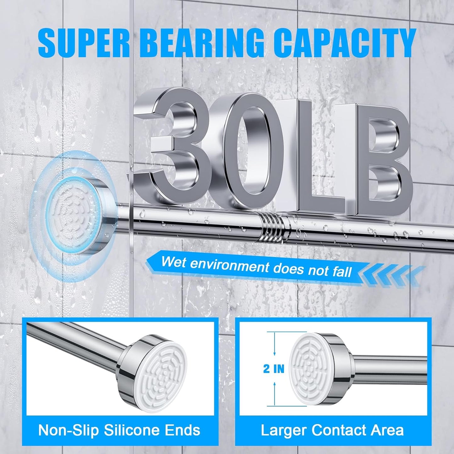 TEECK Shower Curtain Rod, 32-80 inch Adjustable Spring Tension Curtain Rod, Never Rust Anti-Slip Shower Curtain Rod for Bathroom, No Drilling, Never Collapse, Easy to Use, Silver