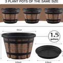 Quarut 3 Pack 10 inch Plant Pots,Whiskey Barrel Planters with Drainage Holes & Saucer, Plastic Decoration Flower Pots Imitation Wine Barrel Design, for Indoor & Outdoor Garden Home Plants (Brown)