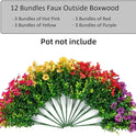 Artificial Flowers for Outdoor Indoor Garden Home Decoration, Faux Flower Daisy with Eucalyptus Leaves Fake Plants Greenery Boxwood Porch Patio, 12 Bundles (Mix Pink Red Purple Yellow)