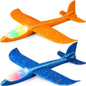 2 Pack LED Light Airplane,17.5" Large Throwing 2 Flight Mode Glider Plane,Flying Toy for Kids,Gifts for 3 4 5 6 7 8 9 Years Old Boy,Outdoor Sport Toys Birthday Party Favors Foam Airplane