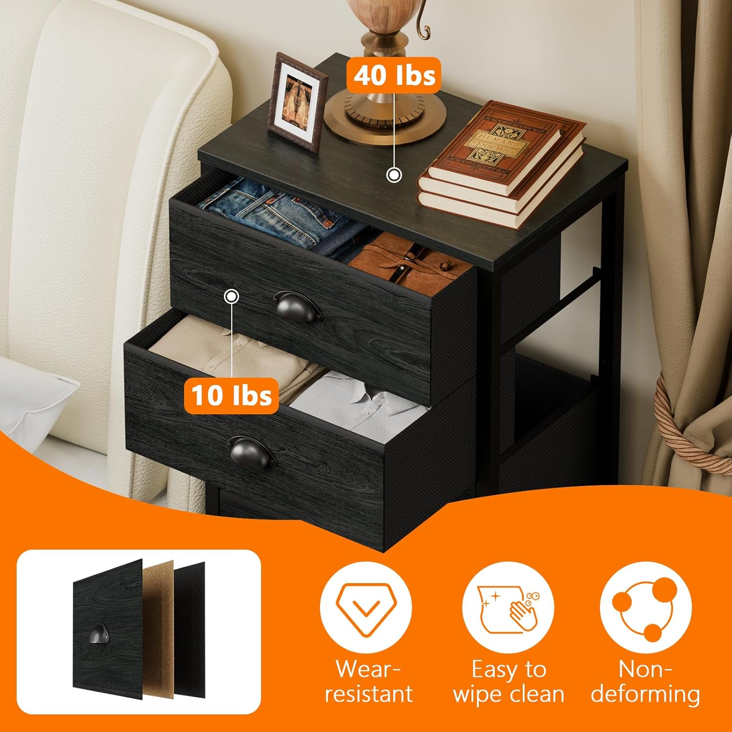 Furnulem Tall Dresser with 6 Drawers,Vertical Bedside End Table & Chest for Bedroom,Black Storage Tower Dorm Nightstand with Fabric Drawer Organizer Unit Furniture in Living Room,Closet,Hallyway