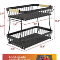 2 Tier Large Fruit Basket for Kitchen Counter with 2 Mobile Banana Hangers, 2025 Pro Detachable Metal Fruit Bowl with Wooden Handle (Black, 2 Tier)