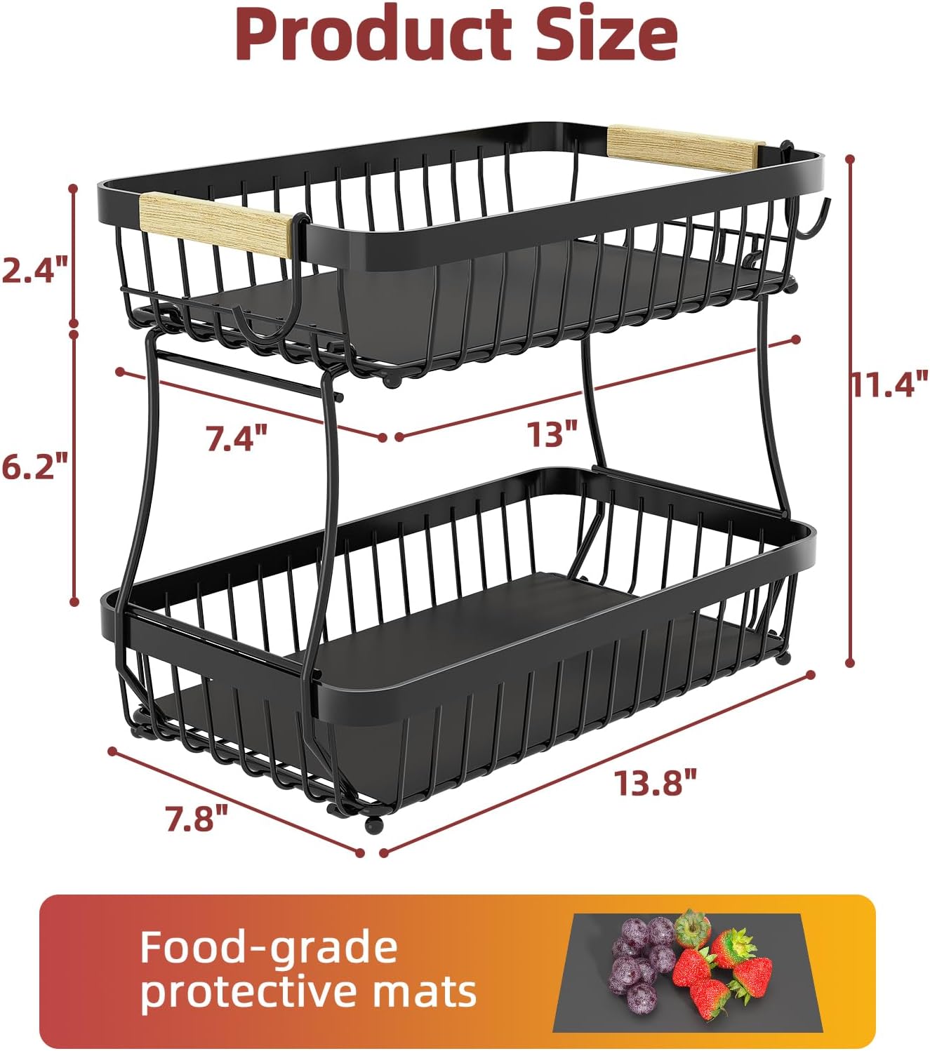 2 Tier Large Fruit Basket for Kitchen Counter with 2 Mobile Banana Hangers, 2025 Pro Detachable Metal Fruit Bowl with Wooden Handle (Black, 2 Tier)