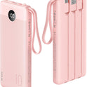 VRURC Portable Charger Power Bank, 10000mAh Travel Essentials Battery Pack, 5 Outputs 2 Inputs Slim Charging Bank Built-in Cables Cords Wires Compatible with iPhone,Samsung,Android-Pink(1 Pack)