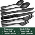 EWFEN 24-Piece Silverware Set with Steak Knives, Food-Grade Stainless Steel Tableware Cutlery Set for 4, Mirror Finished Flatware Utensil for Home Restaurant Black