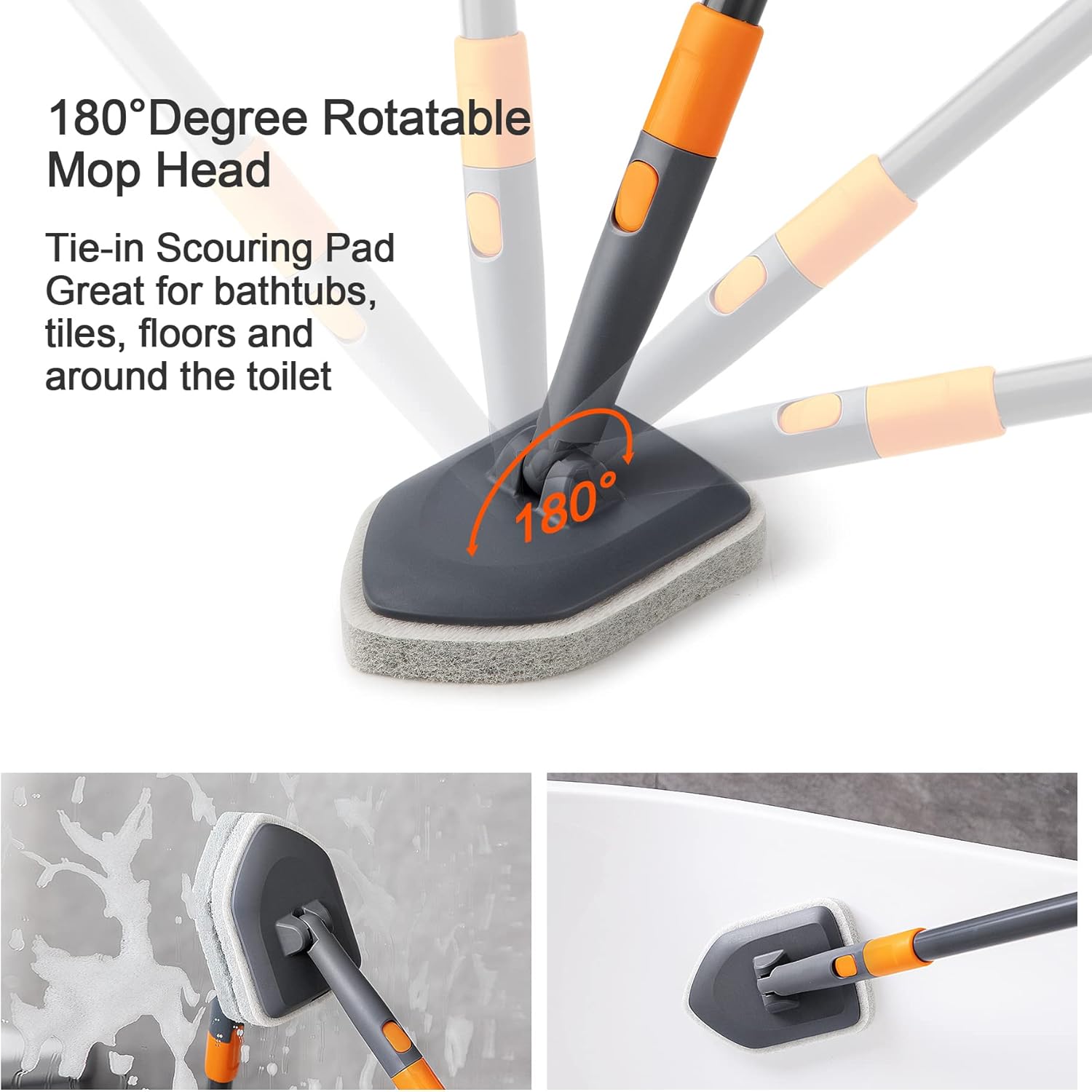 Tile Tub Scrubber Brush with 3 Different Function Cleaning Heads and 56" Extendable Long Handle-No Scratch Shower Scrubber for Cleaning Bathroom Kitchen Toilet Wall,Bathtub,Sink,Grey