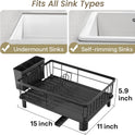SNTD Dish Drying Rack - Small Dish Rack for Kitchen Counter, Stainless Steel Dish Drainer with Utensil Holder and Drainboard, 11" W x 15" L (Black)