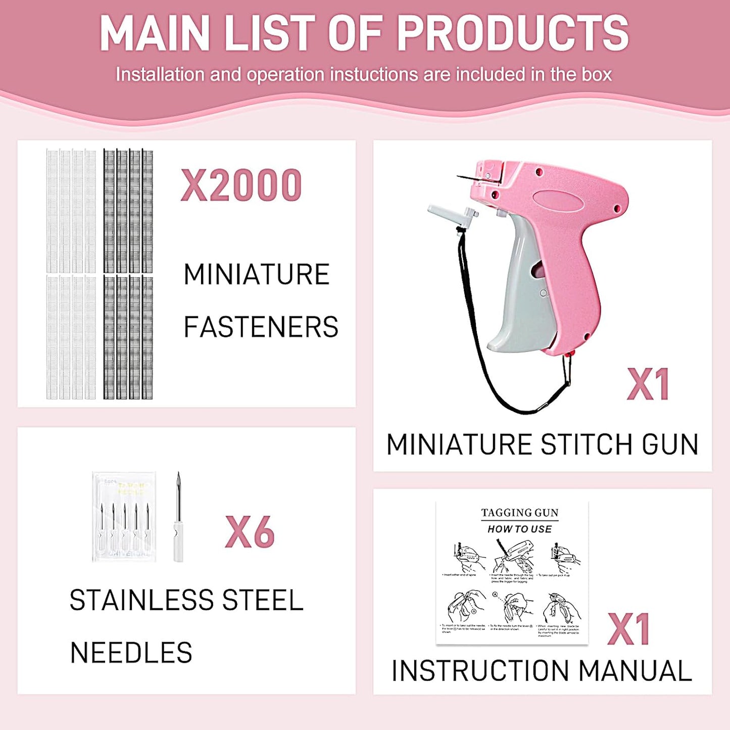 Stitch Gun for Clothes， Handheld Stitch Gun Quick Clothing Fixer，Sewing Kit Includes 1,000 Black Fasteners & 1,000 White Fasteners & 6 Needles，Tagging Gun（Pink）