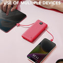 Portable Charger Built-in Cables and AC Wall Plug, VRURC USB C Power Bank 10000mAh, Travel Battery Portable Phone Charger Compact Lightweight External Battery Pack for SmartPhones,Tablets-Viva Magenta