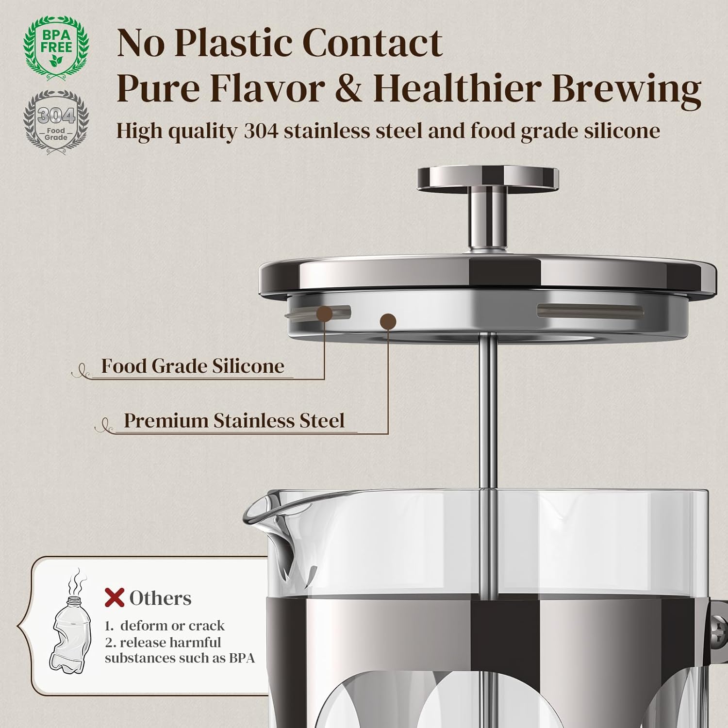 Veken French Press Coffee Maker 34oz,No Plastic Touching Cafe,Thickened Borosilicate Glass Stainless Steel Brewer,Cold Brew Cafetera Teapot for Kitchen Travel Camping,Gifts,Bar Accessories,Dark Pewter