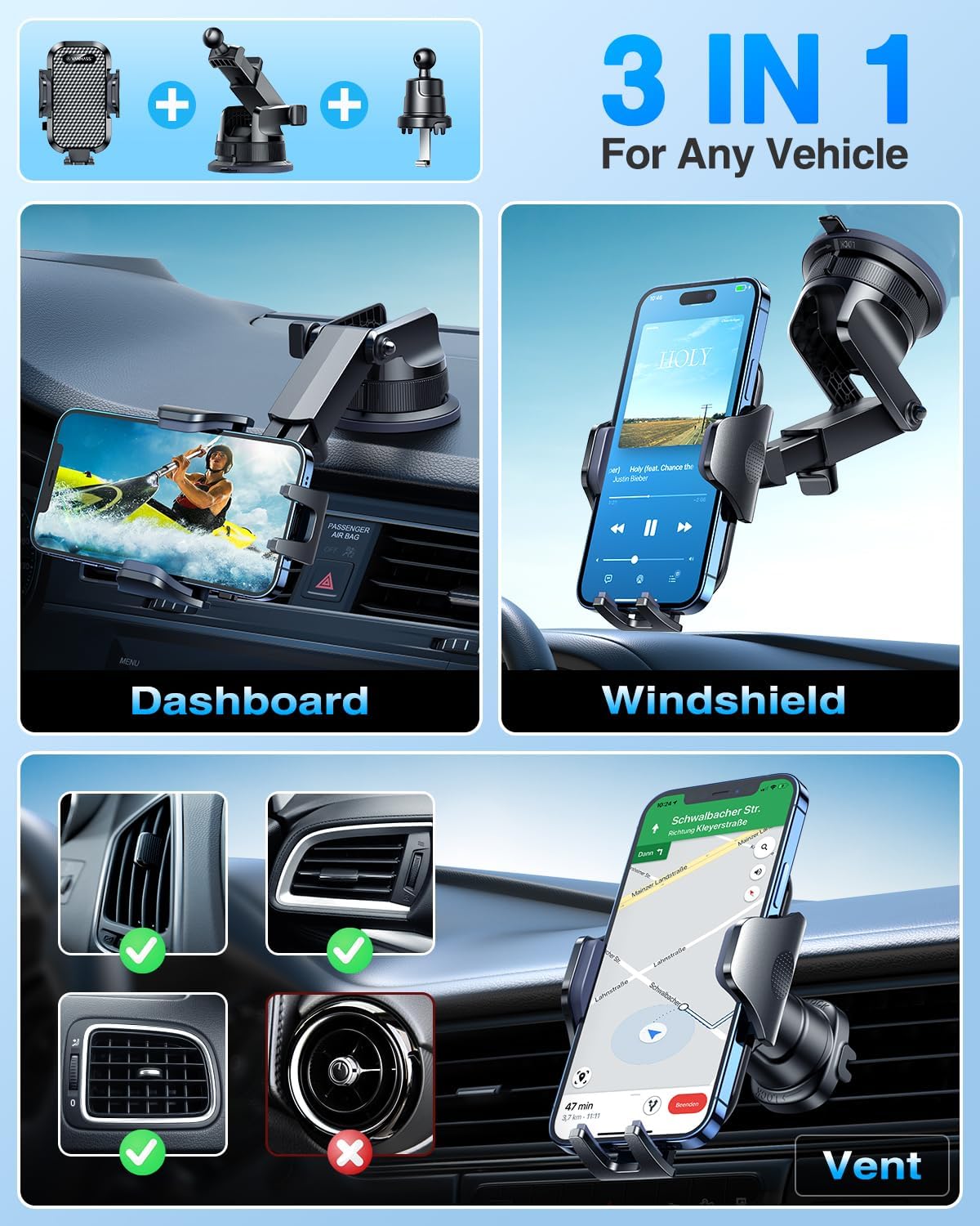 [2025 True Military-Grade] Car Phone Holder VANMASS [Upgraded Strongest Suction & Clip] Cell Phone Mount for Dashboard Windshield Vent Wall,Truck Cradle Stand for iPhone 17 Pro Max 16 15 14 13 Android