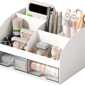 Desk Organizer with 6 Compartments and 2 Drawers, Plastic Makeup Organizer, Pen Holder for Desktop Storage, Desk Organization for School, Home, Office Supplies (White)