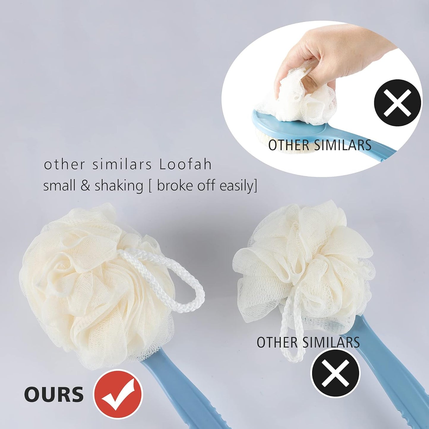Shower Body Brush with Bristles and Loofah,Back Scrubber Bath Mesh Sponge with Curved Long Handle for Skin Exfoliating Bath, Massage Bristles Suitable for Wet or Dry, Men and Women (Blue)
