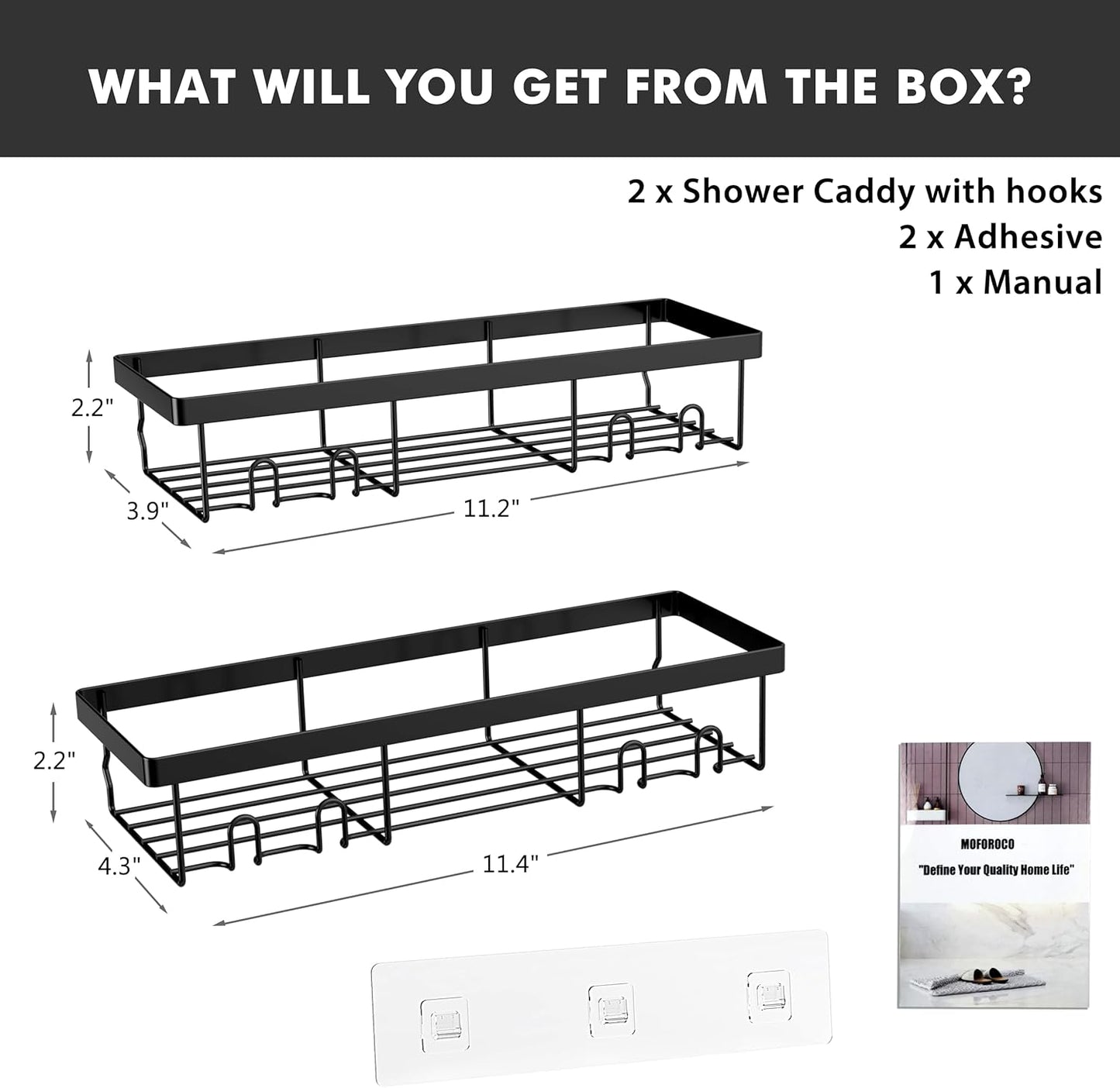 Moforoco Shower Caddy Shelf Organizer Rack, Self Adhesive Black Bathroom Shelves Basket, Home Farmhouse Wall Inside Organization and Storage Decor Rv Accessories, First Camper Apartment Essentials