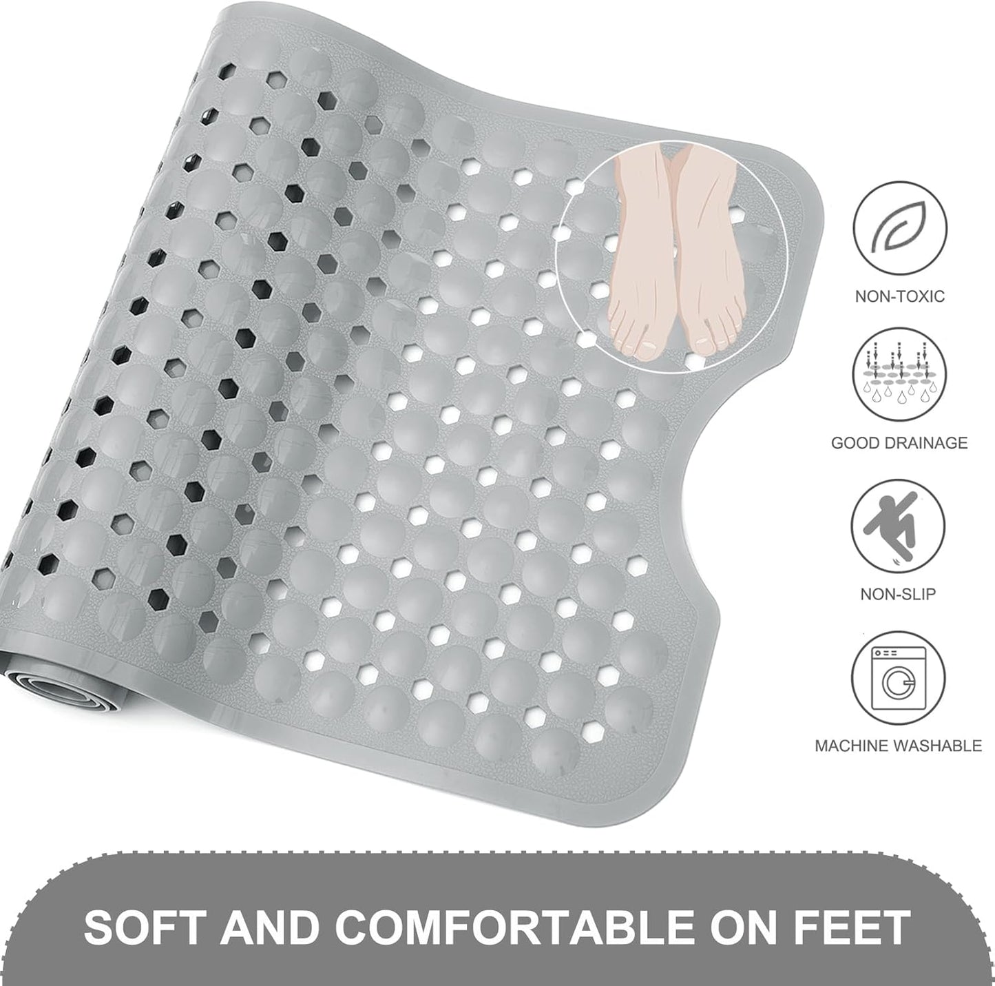 Bath Tub and Shower Mats, Non Slip 40 x 16 Inch Extra Large Bathtub Mat, Machine Washable Bathmat with Drain Holes, Suction Cups for Bathroom Floor, Gray