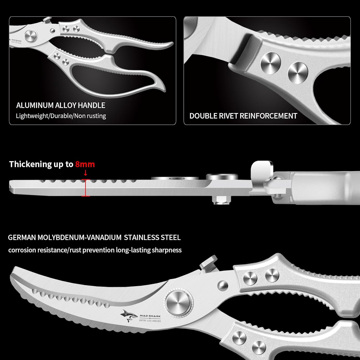 MAD SHARK Heavy Duty Poultry Shears, Kitchen Shears with Non-Slip Handle & Safety Lock, All Purpose Kitchen Scissors for Chicken, Meat Cutting, Turkey, Fish, Vegetables, Spring Loaded, Dishwasher Safe