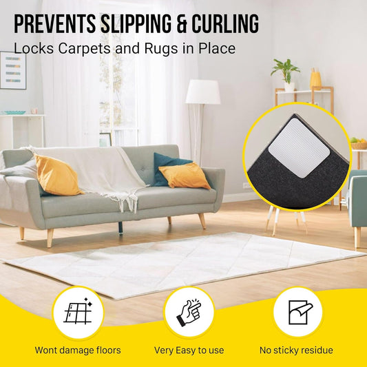 Alien Grip Rug Gripper Carpet Tape - 12pcs, 4x4 in. Anti-Slip Hardwood, Tile Floor, No Damage - Double Sided Reusable, Non Slip Corner Rug Pads - As Seen on TV