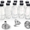 12 Pack, 2 oz Small Clear Glass Bottles w/Lid & 3 Funnels - 60ml Boston Shot Bottles for Health, Immunity, Potion, Wellness, Sample, Ginger, Juice - Mini Personal Care & Beauty Travel Bottle