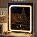 Small Makeup Vanity Desk with Lighted Mirror, White, 23.62" W x 15.74" D x 53.93" H (Smart LED Mirror, Open Shelves, 2 Drawers)