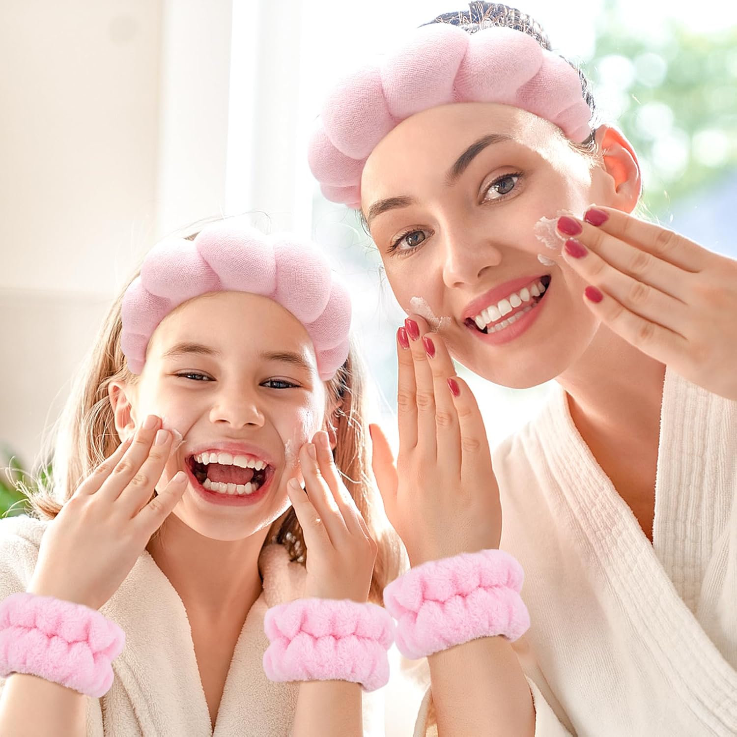 Zkptops Spa Headband for Washing Face Wristband Sponge Makeup Skincare Headband Terry Cloth Bubble Soft Get Ready Hairband for Women Girl Puffy Padded Headwear Non Slip Thick Hair Accessory(Pink)