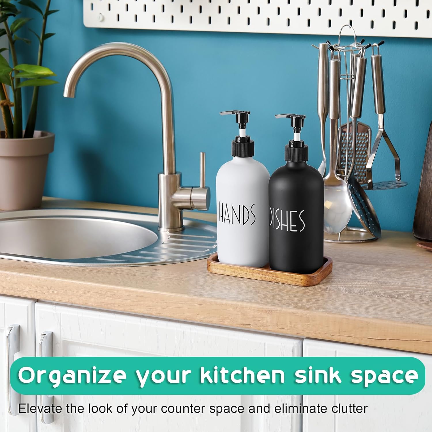 ALELION Glass Dish Soap Dispenser for Kitchen - 16 OZ Hand Soap Dispenser Set with Pump and Acacia Wood Tray - Black White Modern Farmhouse Kitchen Bathroom Decor and Accessories