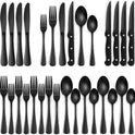 EWFEN 24-Piece Silverware Set with Steak Knives, Food-Grade Stainless Steel Tableware Cutlery Set for 4, Mirror Finished Flatware Utensil for Home Restaurant Black