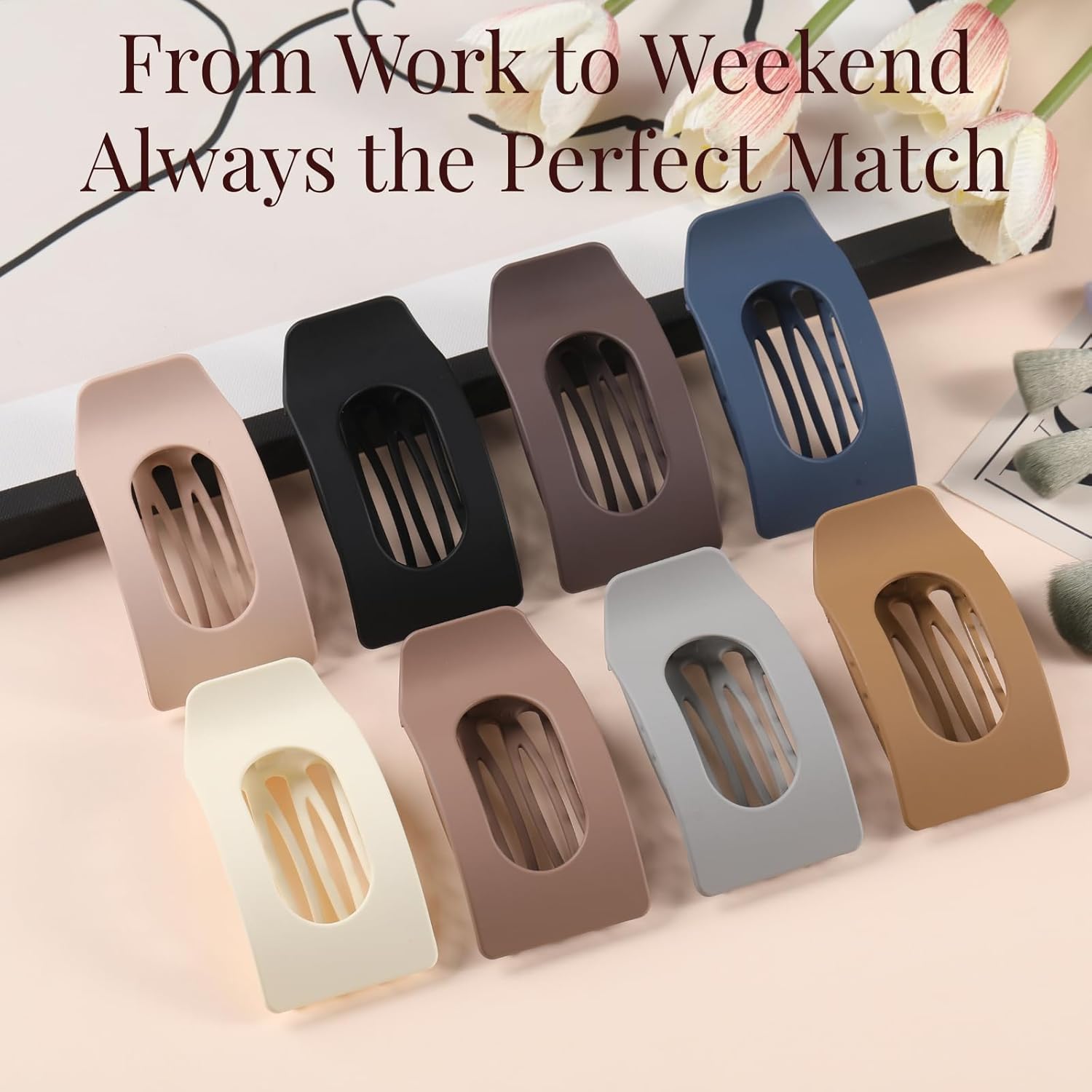 8 Pack Flat Hair Clips for Women – Large Matte Rectangle No-Slip Claw Clips, Strong Hold Square Hair Accessories for Thick & Thin Hair, Lay Flat Design for Work & Daily Styling