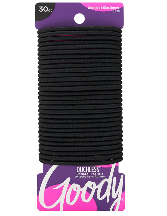 Goody Ouchless Hair Elastics – No Pull, No Breakage, Tangle-Free Hold for Thick, Curly, Coily & Textured Hair – 30 Count, Black, Long-Lasting Ponytail Holders for Women & Men